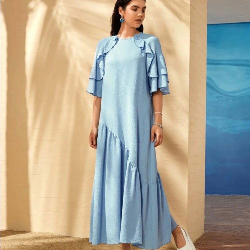 Baby Blue Summer Maxi Dress with Ruffled Sleeves
